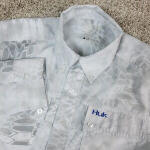 Huk Performance Fabrics Mens Small Gray Vented Button Down Long Sleeve Fishing